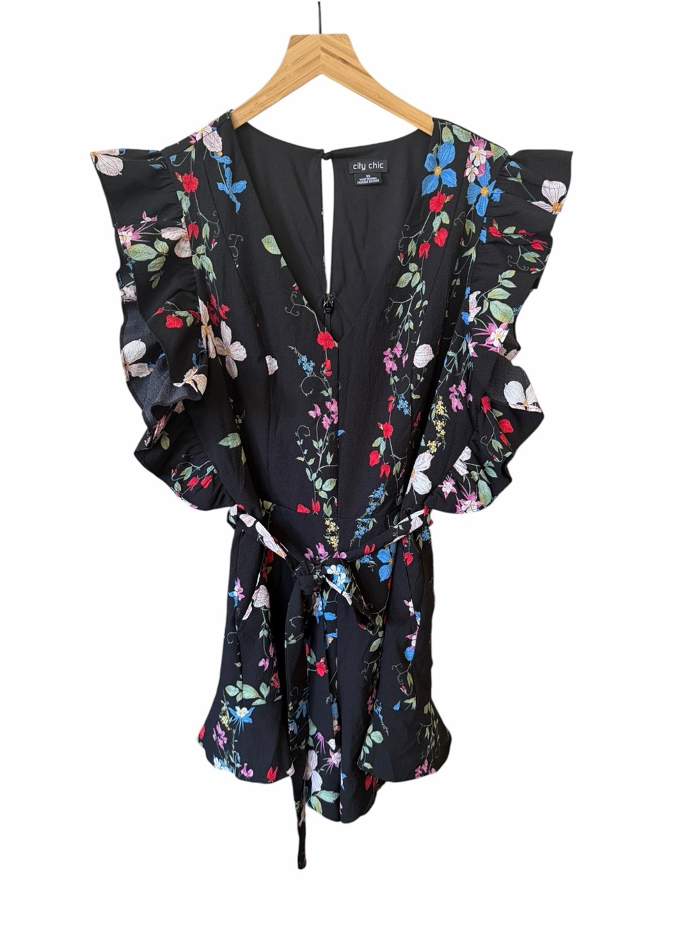 City Chic Black Floral Ruffle Tie-Waist romper